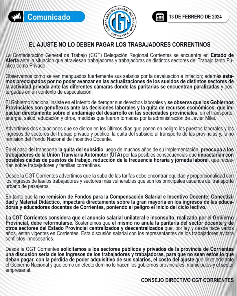 La CGT Corrientes reclama paritarias a Valdés y advierte que el ajuste lo están pagando los trabajadores