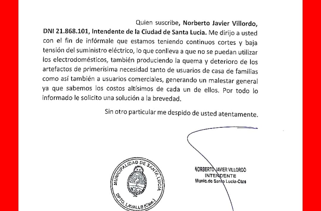 Intendente de Santa Lucía reclamó por el mal funcionamiento de la DPEC